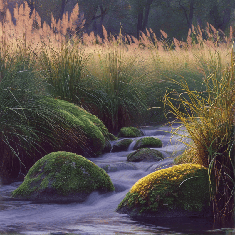 Rounded rocks covered in green moss sit in a shallow stream fringed by tall golden grasses and soft woodland light.