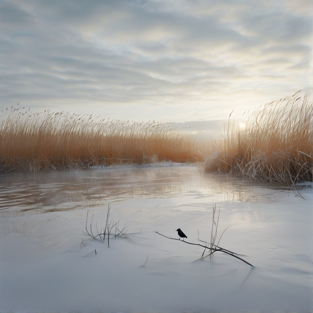 A black bird stands on a stick above icy water while tall golden reeds glow in the distance under a cloudy sky.