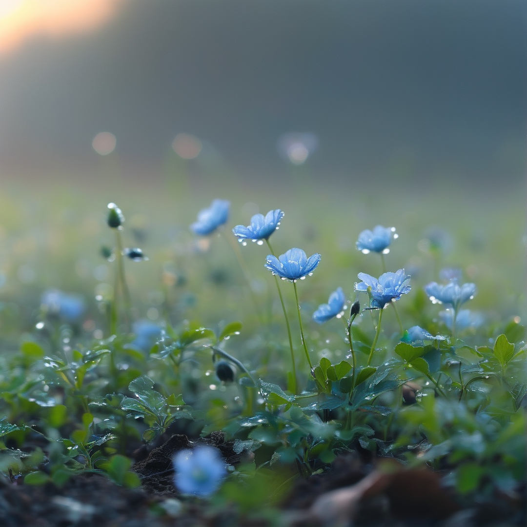 Blue Flowers with Dew
