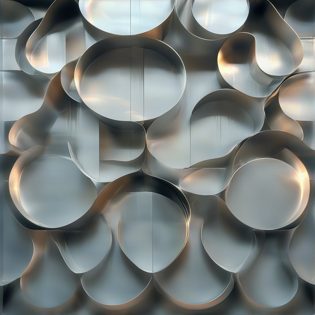Overlapping brushed metal bubble forms show rounded edges and warm golden highlights along their curved seams