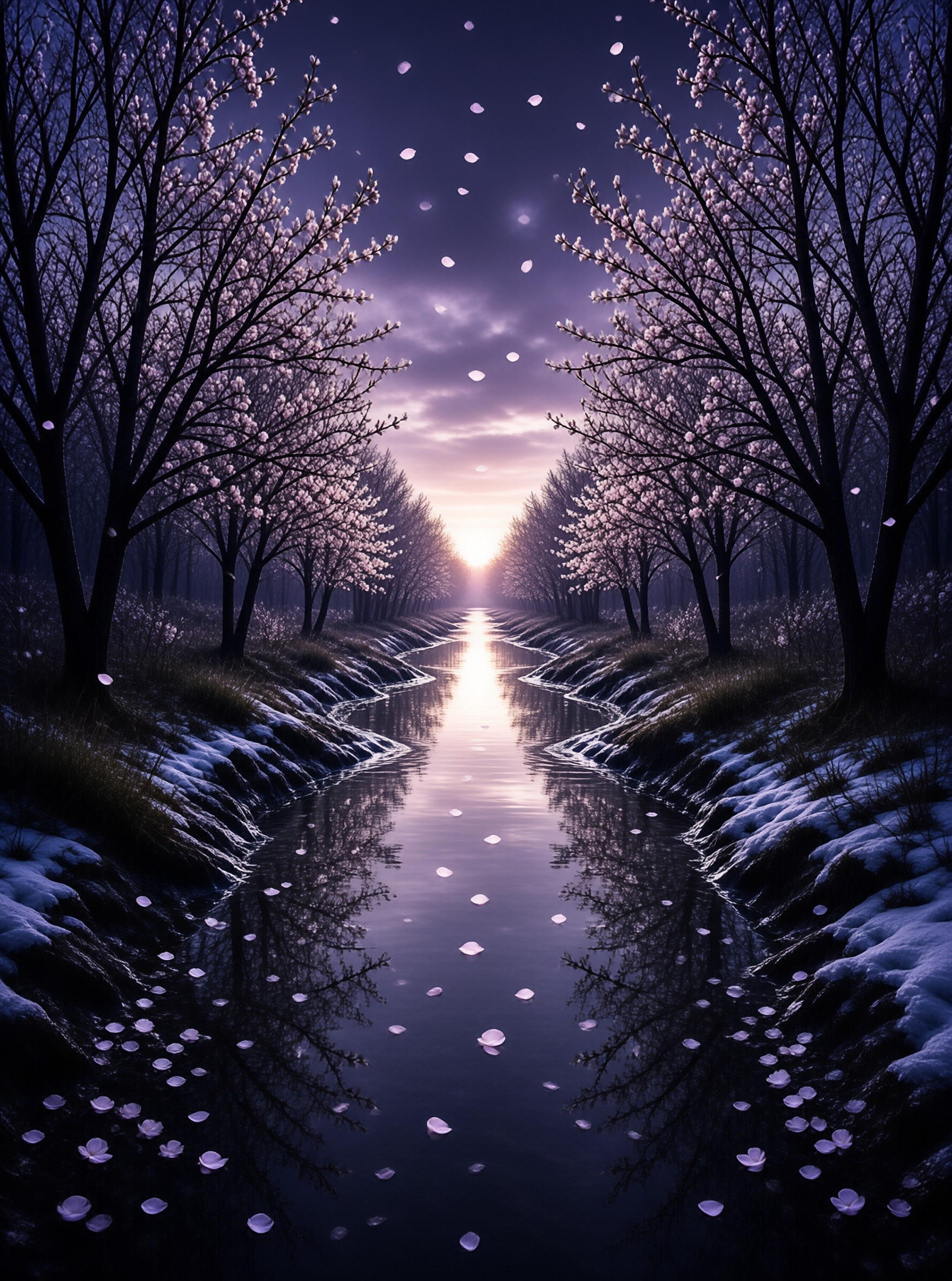 A symmetrical waterway flanked by blooming trees with snowy banks, illuminated by a bright horizon light.