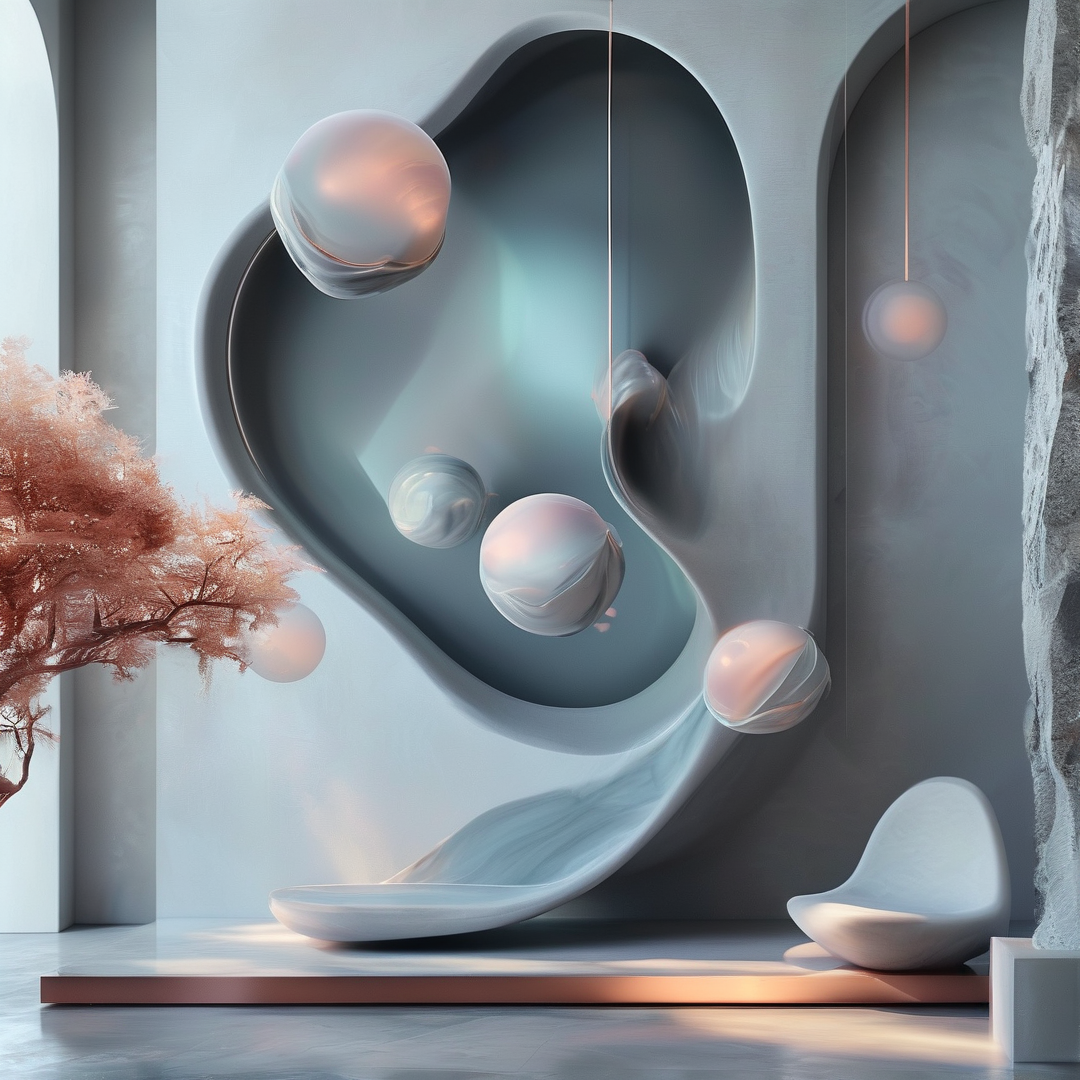 Pale iridescent orbs float inside a smooth blue alcove beside pink branches and minimalist seating in soft daylight