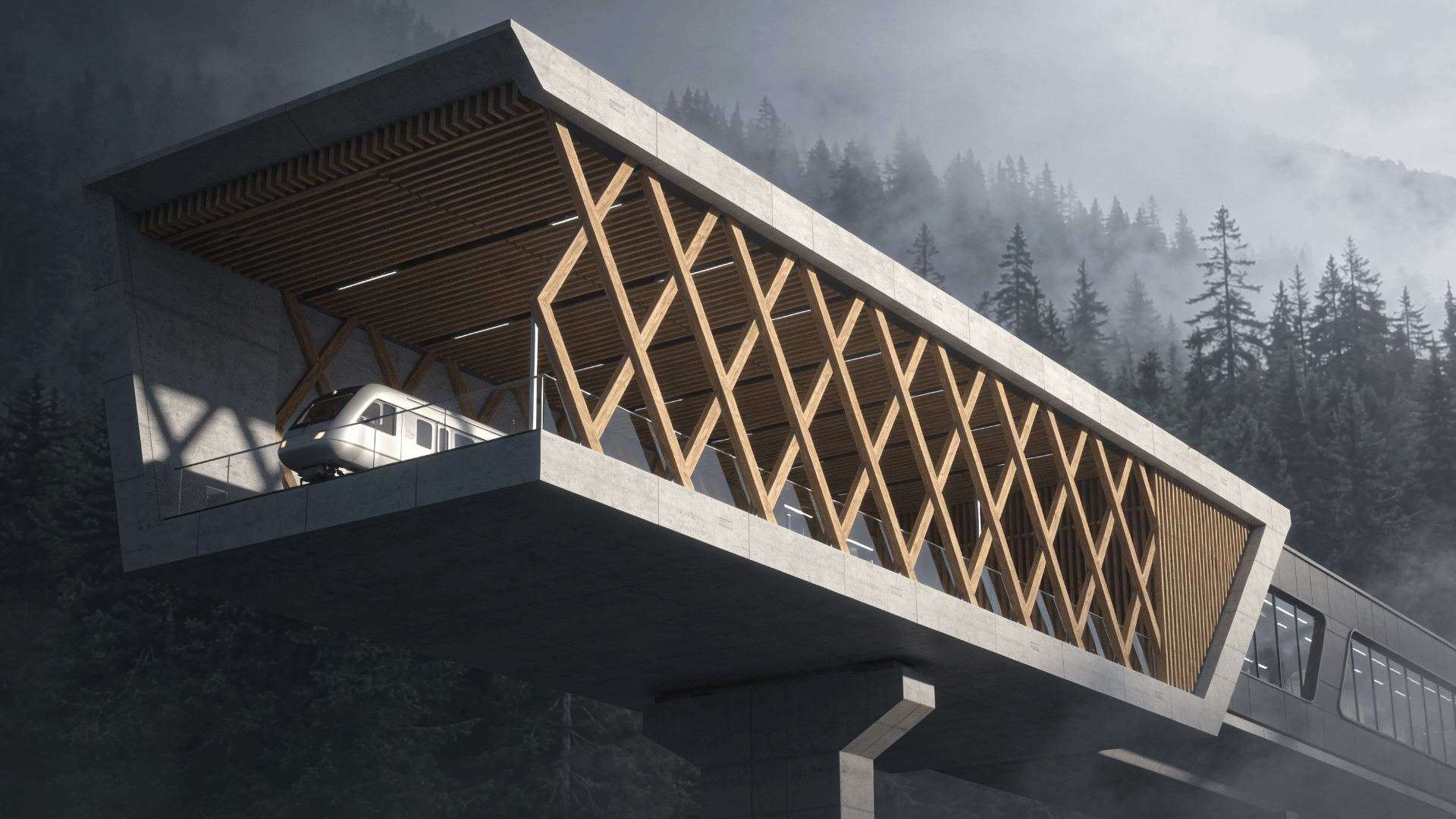 Terminal with Wooden Lattice — Misty Forest
