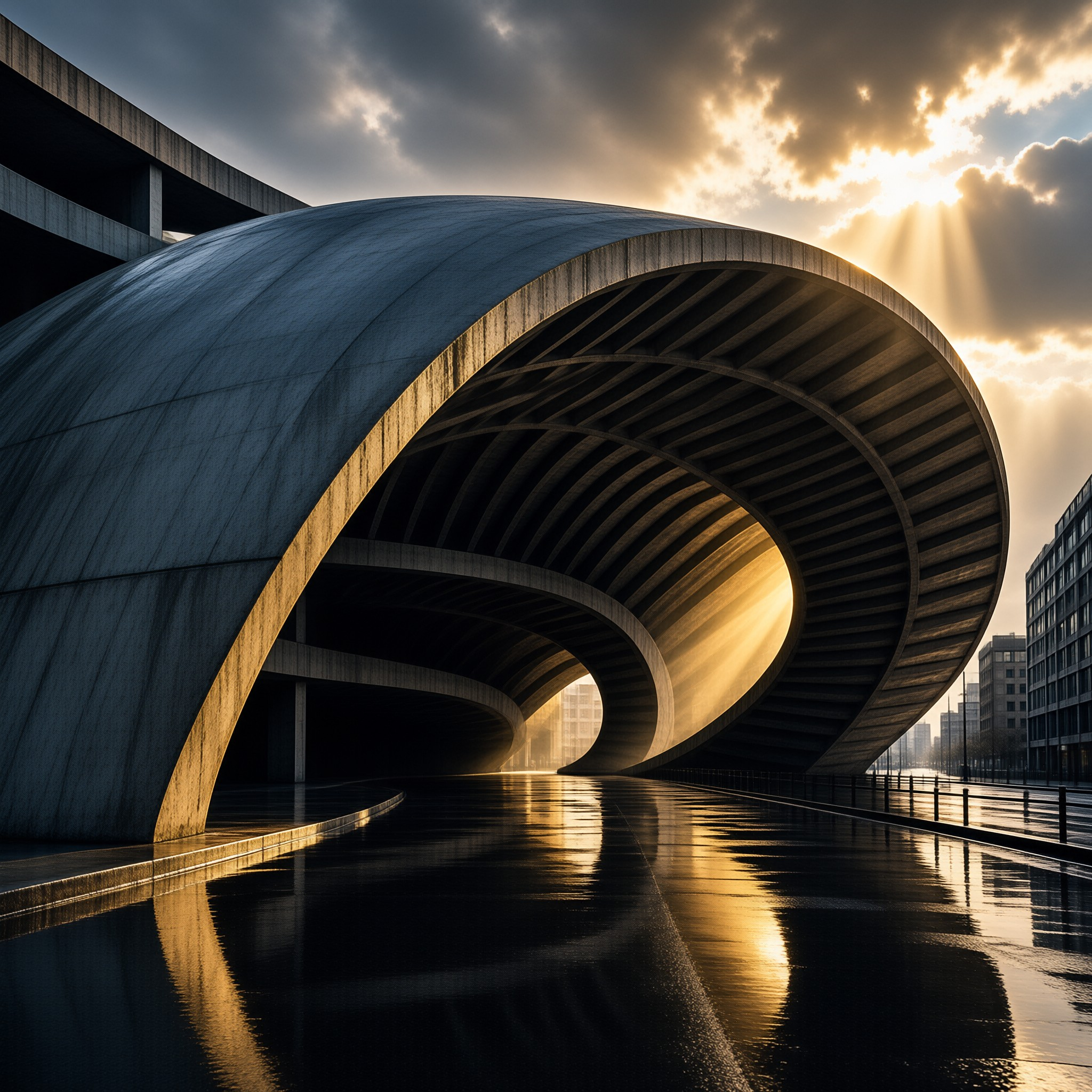 Sweeping brutalist arches of weathered concrete curve over a rain-slick plaza as sunbeams burst through heavy clouds.
