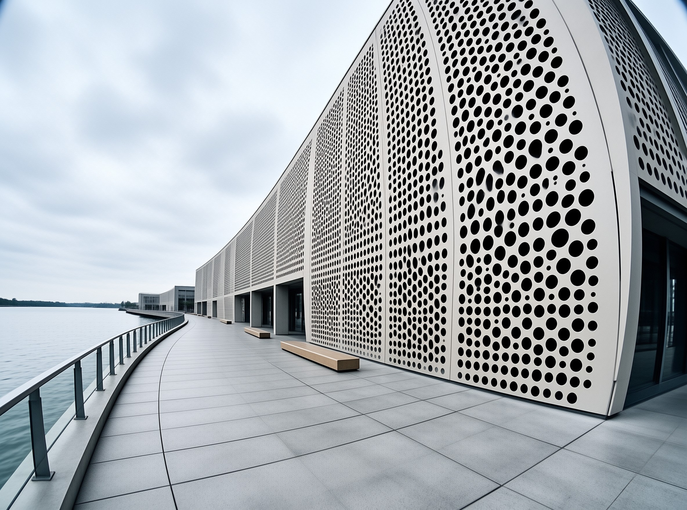 A curved paved lakeside walkway runs adjacent to a perforated metal building exterior beneath soft grey overcast lighting.