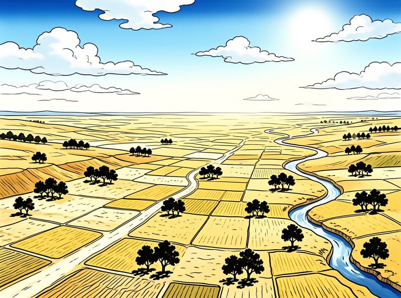 A winding blue river flows through a patchwork of golden fields dotted with dark trees under a bright sunlit sky.