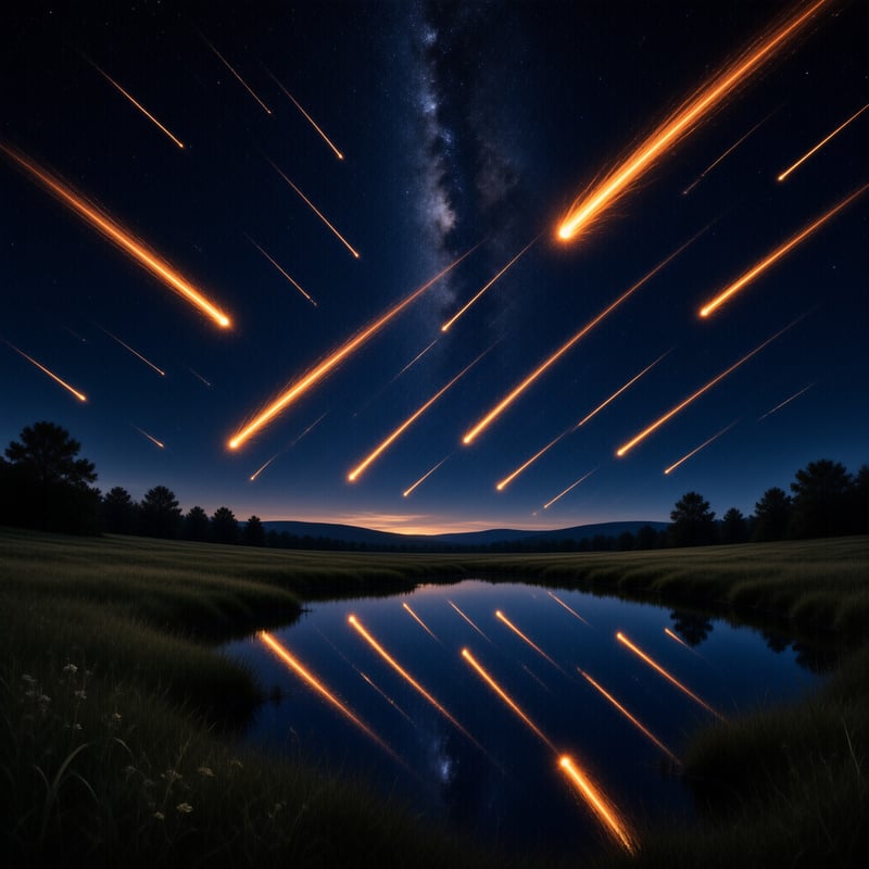 Bright orange meteor trails streak through the starry night sky above a dark field and mirror in the pond water.