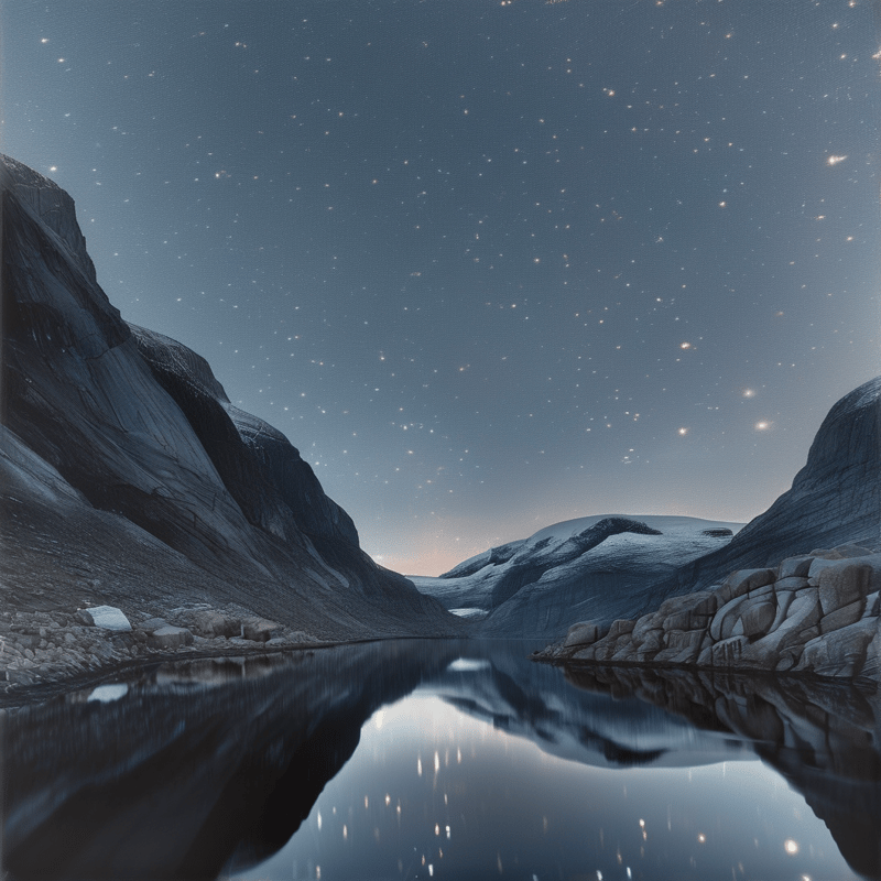 A dark lake mirrors the silhouettes of steep rocky mountains beneath a dense field of stars and faint twilight glow.