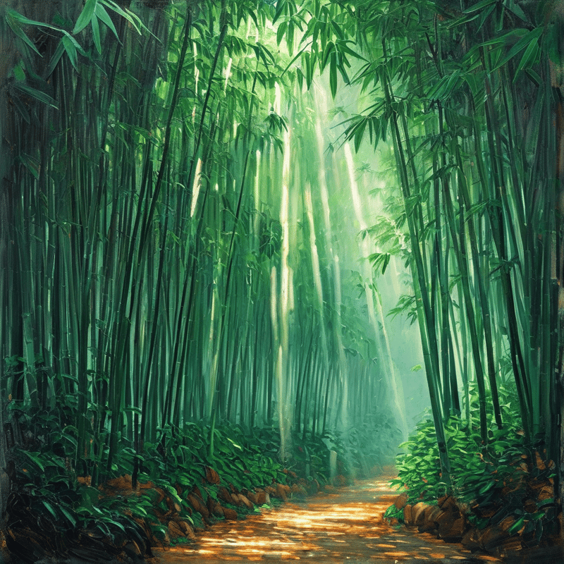 A winding dirt path cuts through a towering green bamboo grove where golden sunlight beams down from above.