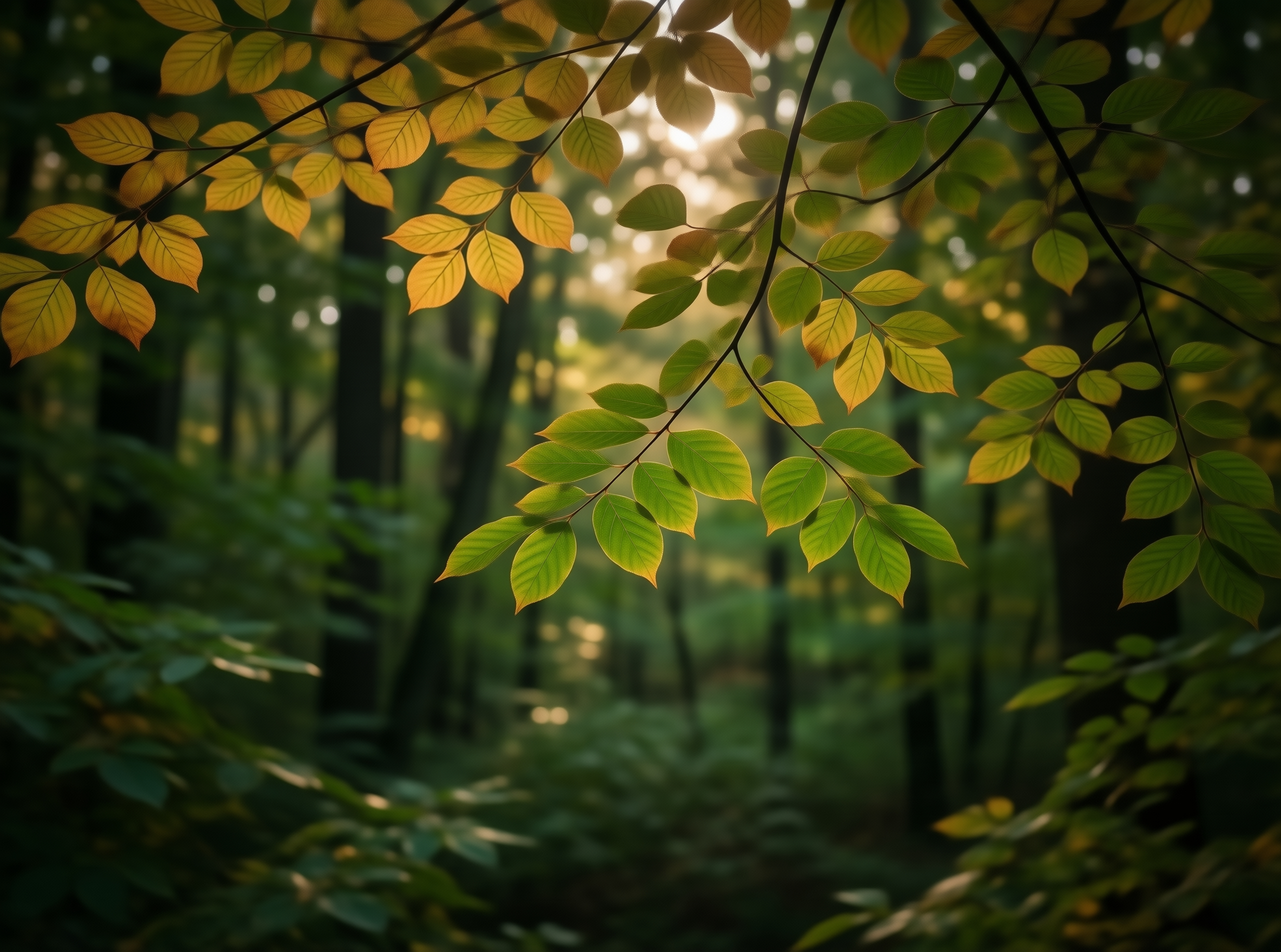 Sunlit Leaves in Forest