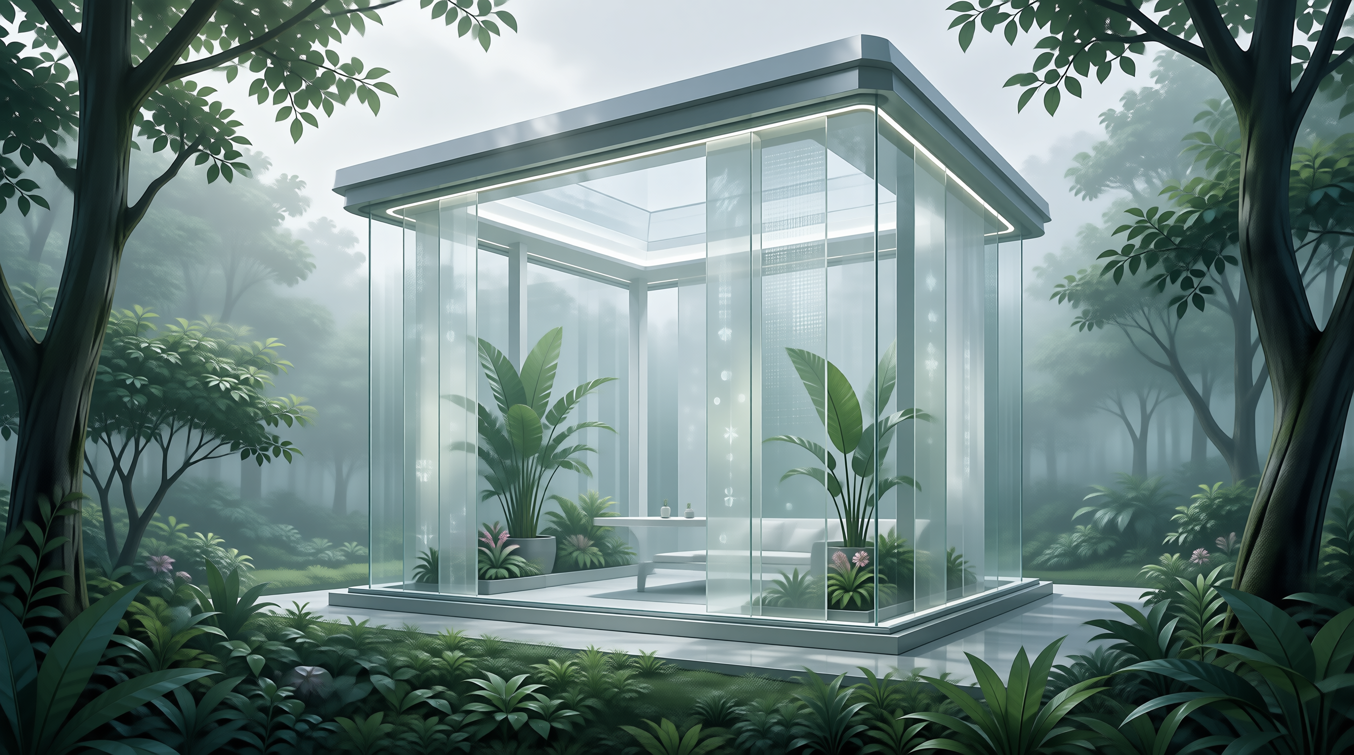Glass Pavilion in Misty Forest