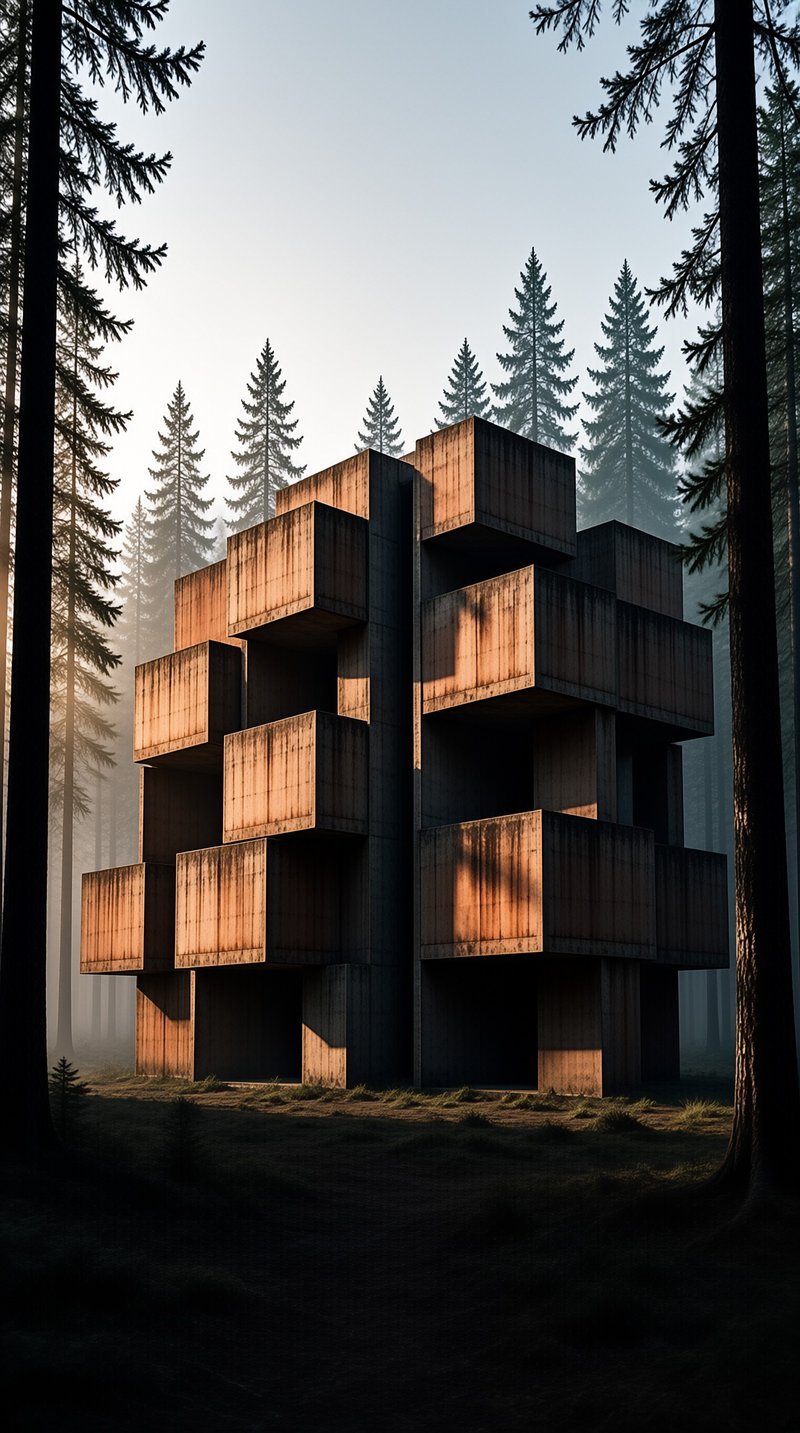 A geometric concrete building stands among tall pine trees with sunlight illuminating its angular blocks amidst morning mist.