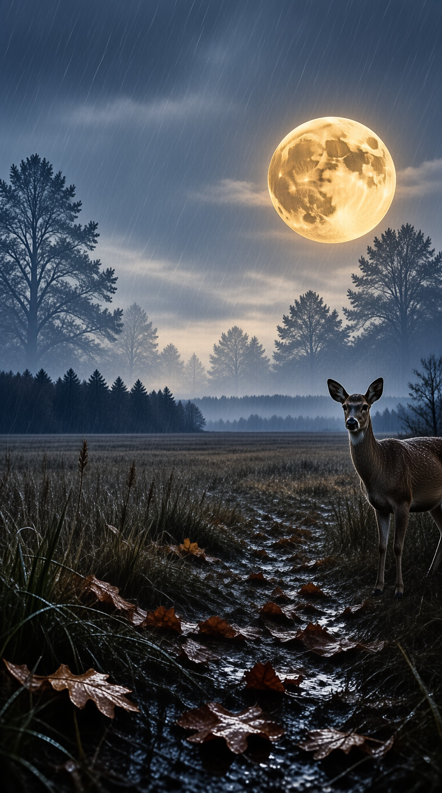 A solitary deer stands alert on the right side of a wet grassy field while a massive full moon hangs low in a rainy twilight sky.