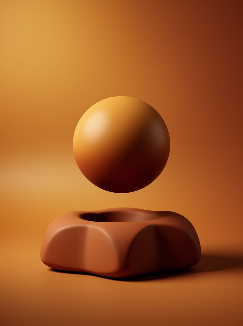 A smooth orange sphere floats in mid-air above a brown amorphous base against a warm gradient background with soft lighting.