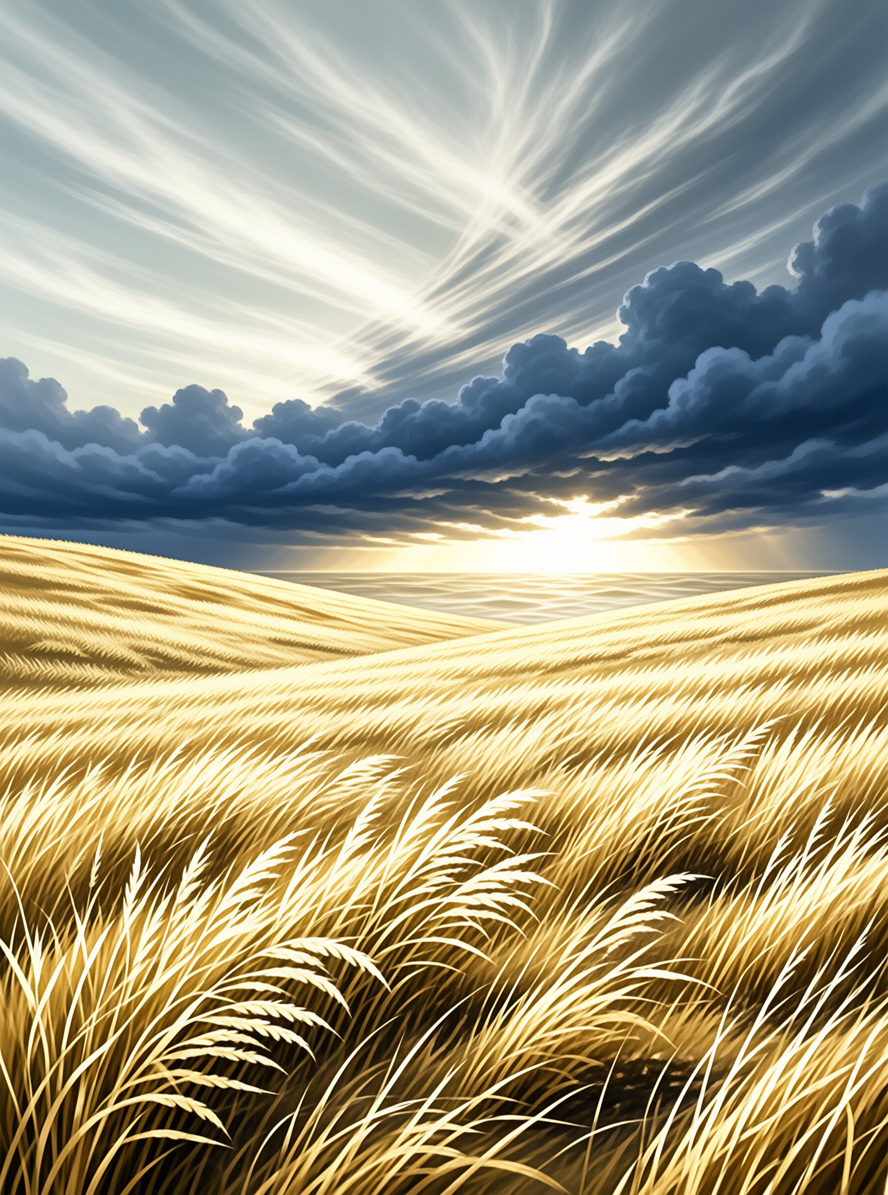 A golden wheat field stretches toward the horizon where bright sun rays pierce through heavy blue clouds.
