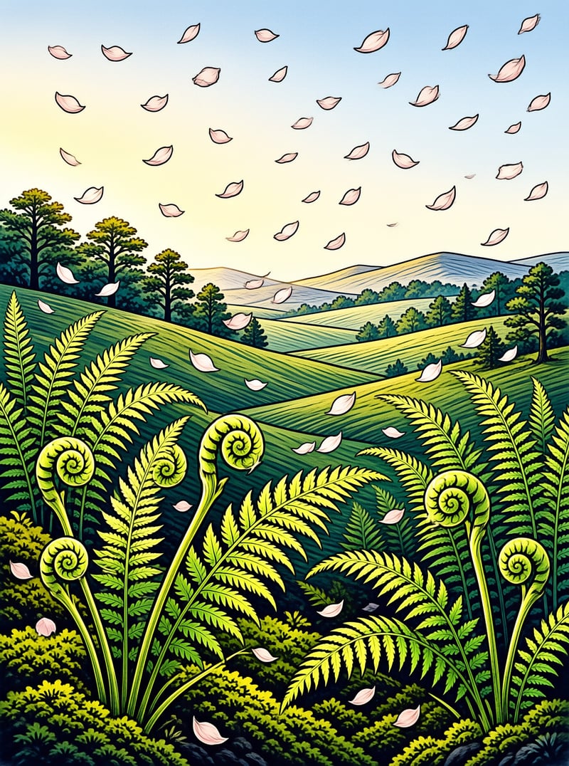 Stylized illustration of vibrant green ferns in foreground with pink petals falling from blue sky over rolling hills.