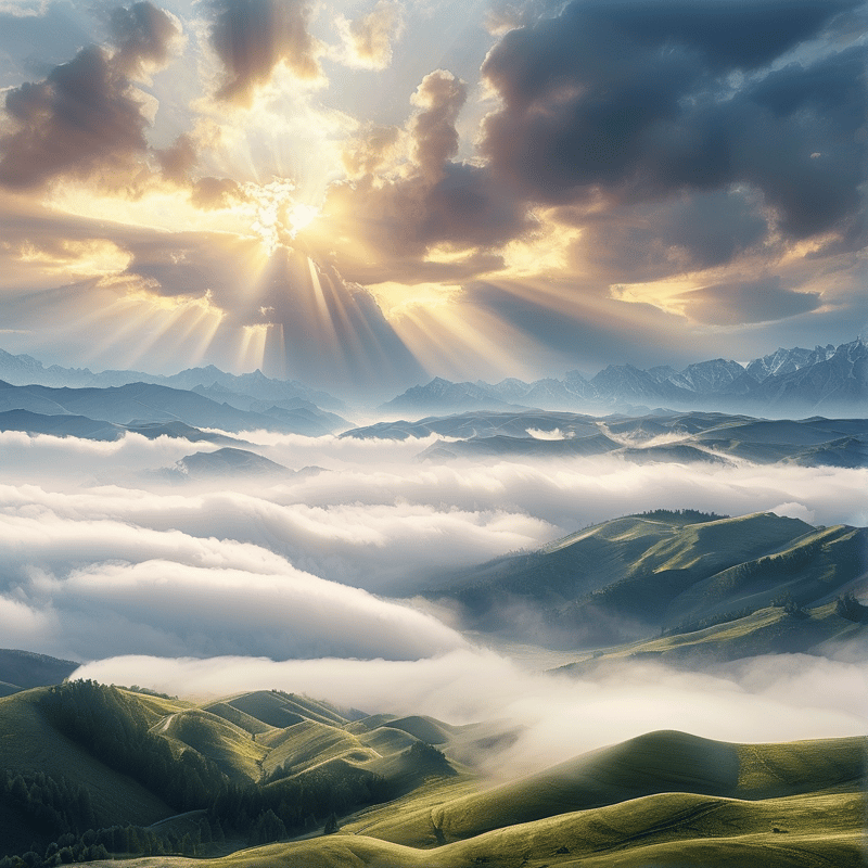 Sun Rays Over Cloudy Mountains
