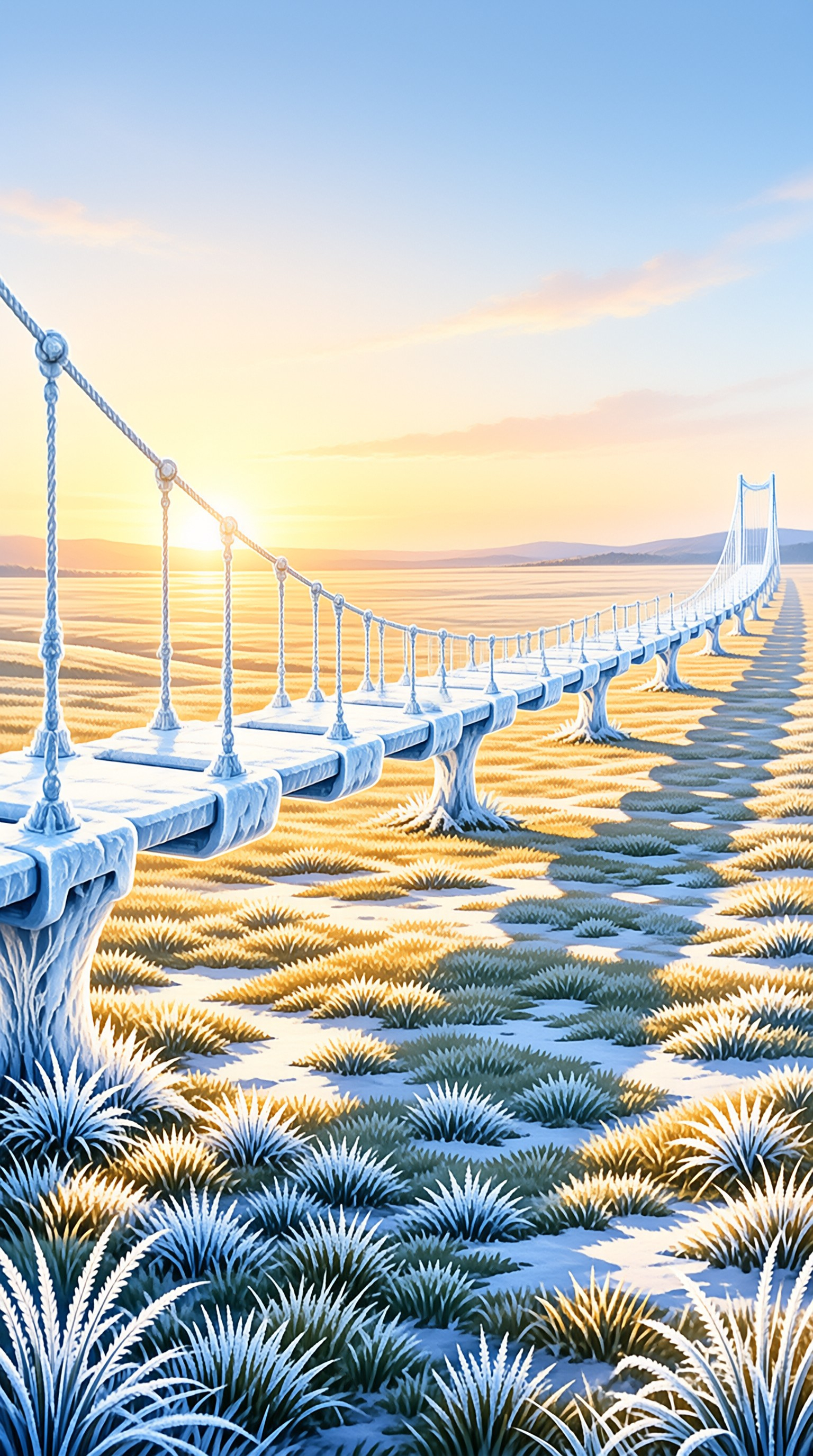 A frosty pale suspension bridge spans icy tufted grassland as warm dawn light casts long shadows across the textured patterned ground.