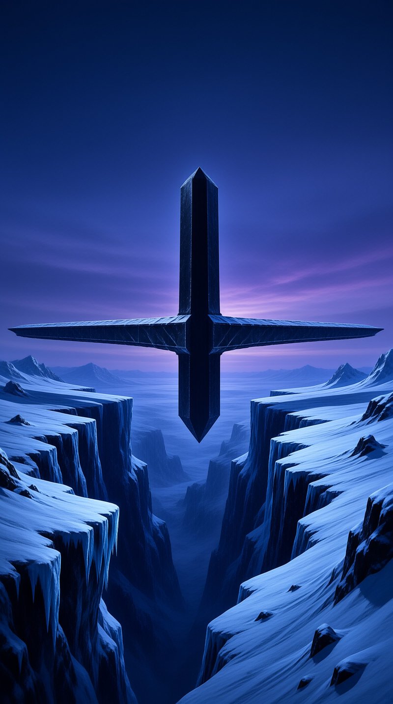 A dark geometric cross-shaped structure floats above a snowy tiered canyon at twilight, with purple and blue sky behind.