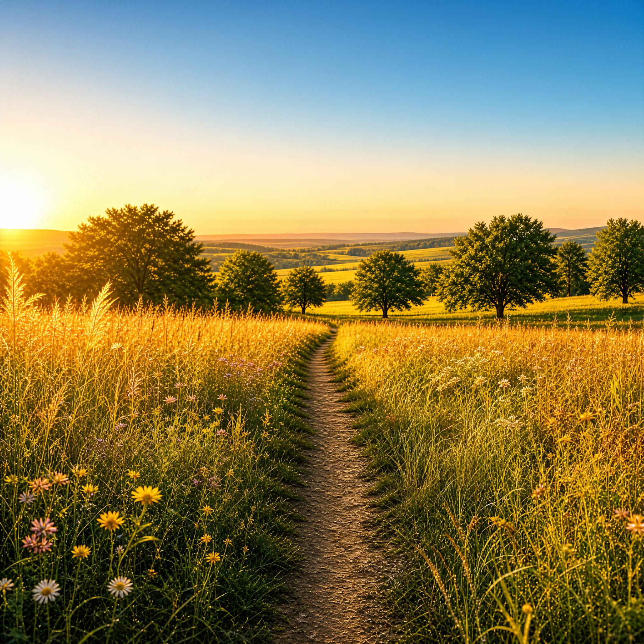 Golden Sunset Path Through Wildflower Meadow