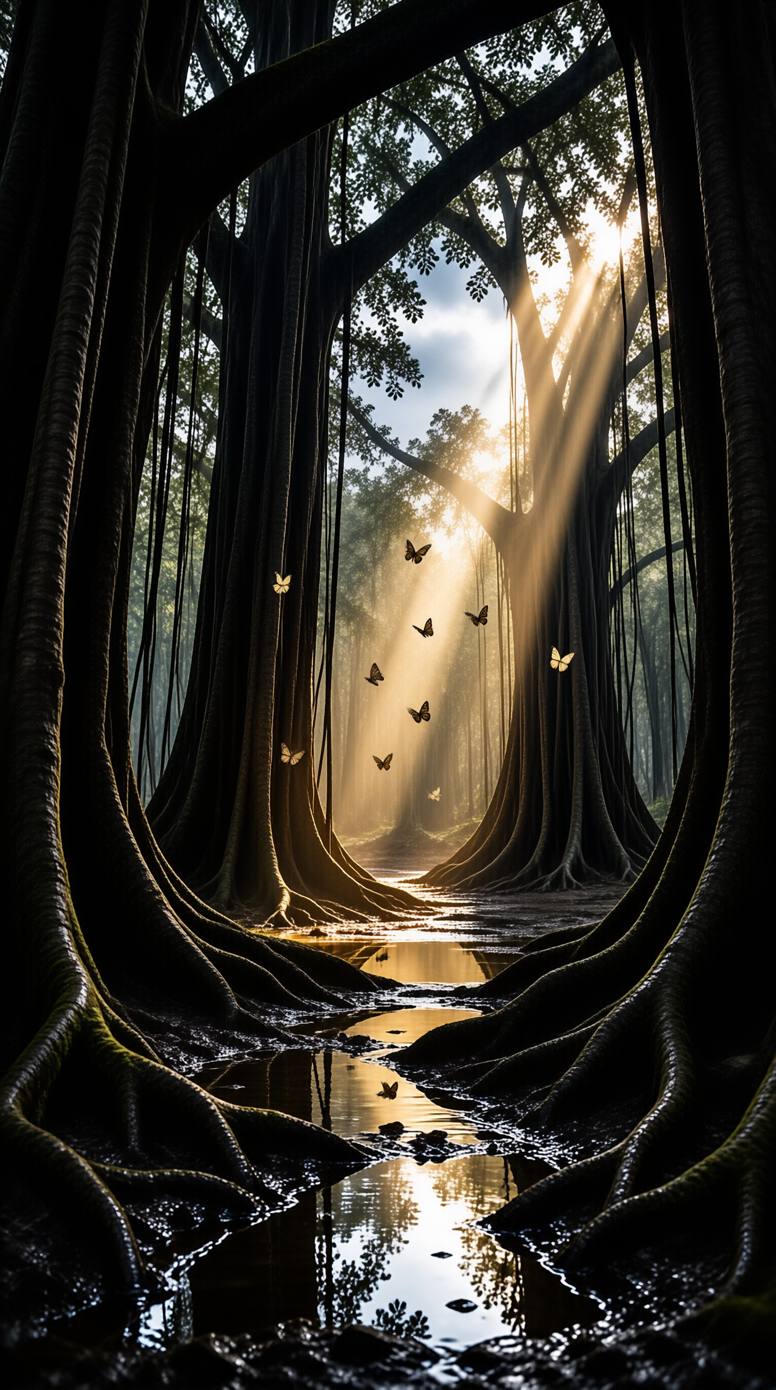 Twisted tree roots frame a path where golden sunlight beams through the canopy illuminating butterflies.