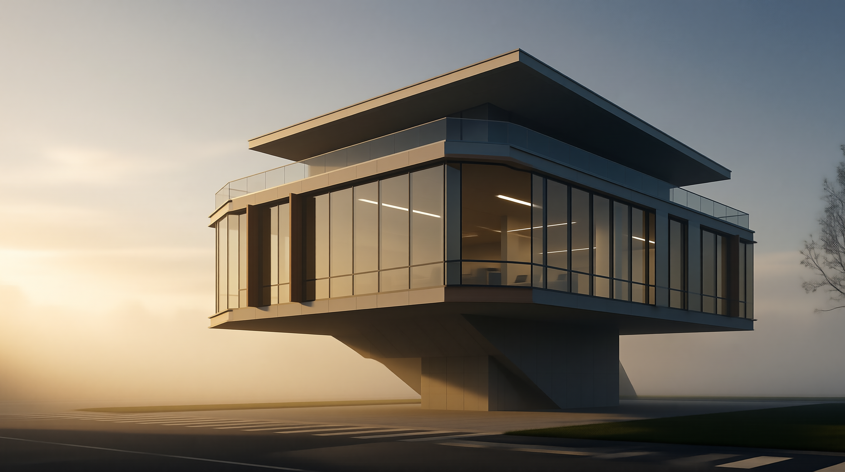 Cantilevered Glass Pavilion at Dusk