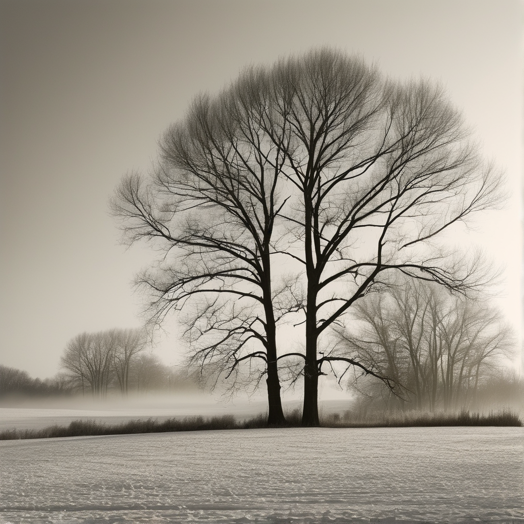 Two leafless trees rise from the river bank amidst a thick layer of morning mist and grey skies