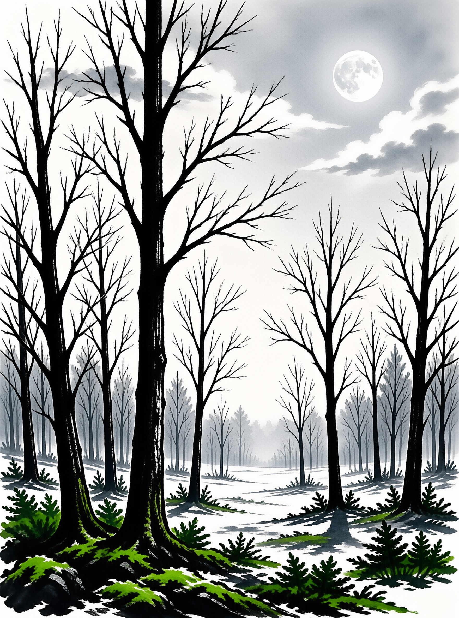 Gnarled Bare Trees Under Pale Full Moonlight