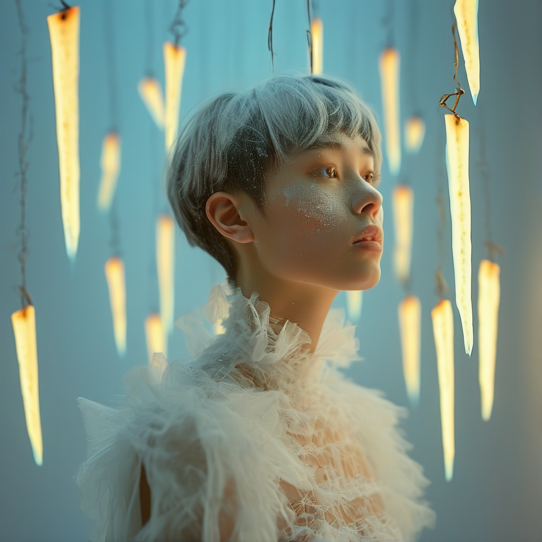 A short haired person wears white tulle looking away under suspended glowing rectangular fixtures on a blue wall.