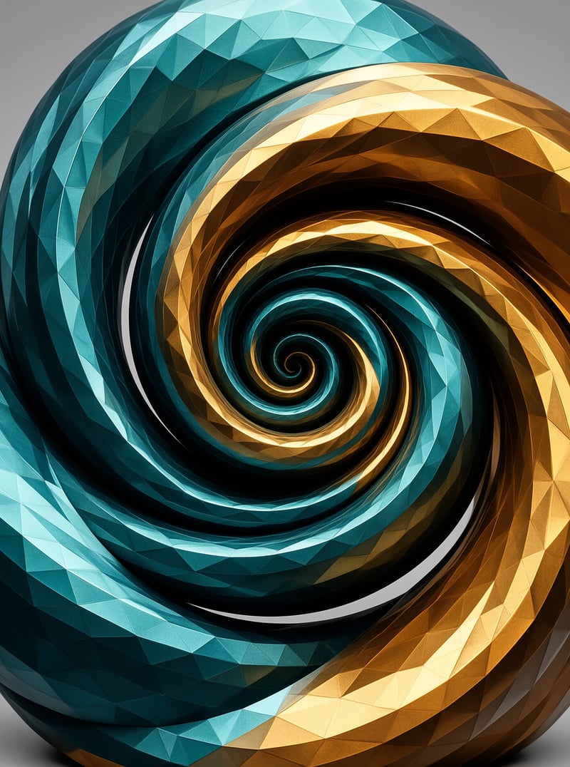 A faceted spiral structure twists inward showing alternating teal and gold surfaces under bright studio lighting.