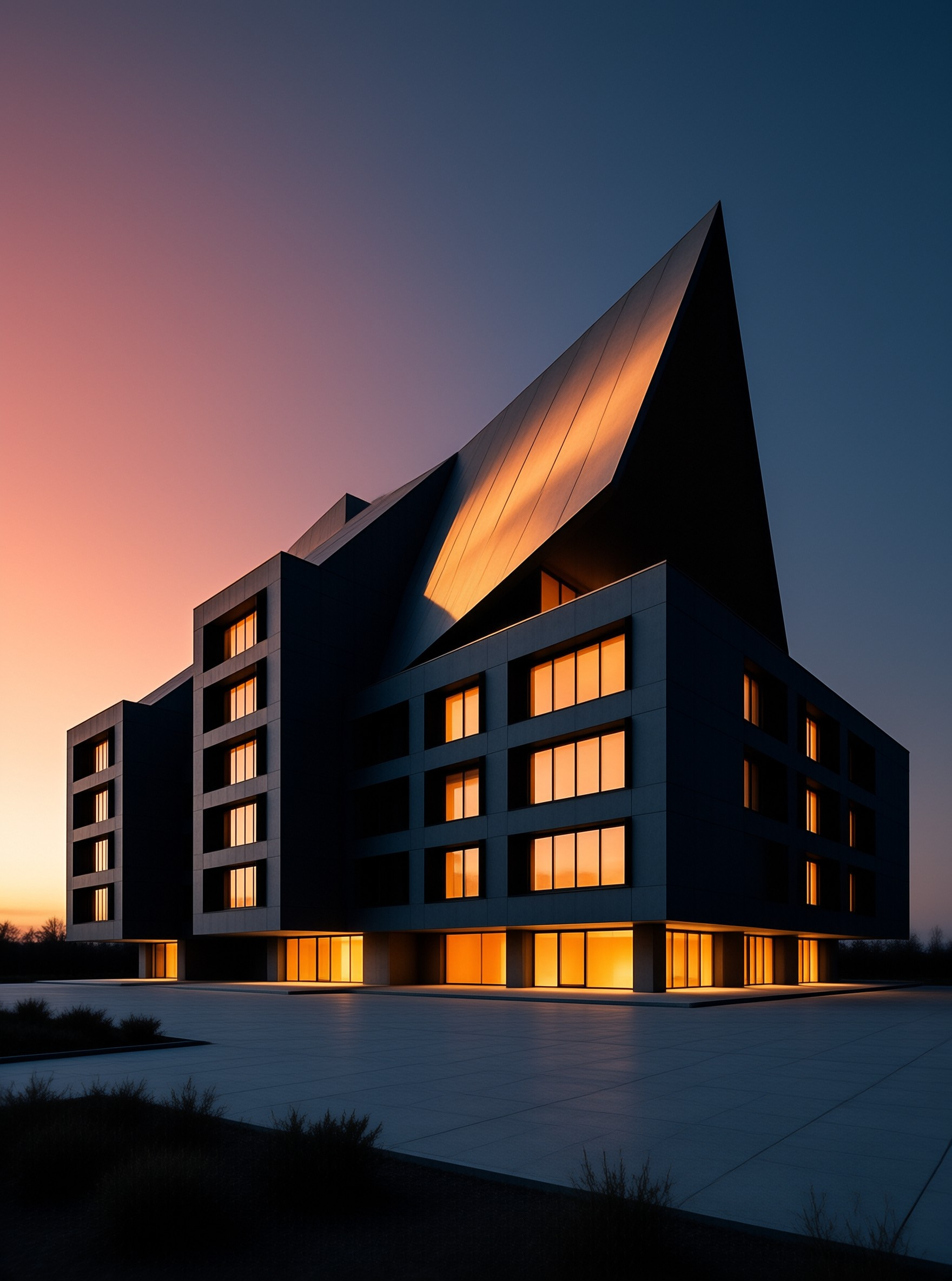 A geometric modern building features glowing amber windows and a sharp pitched roof against a gradient dusk sky.