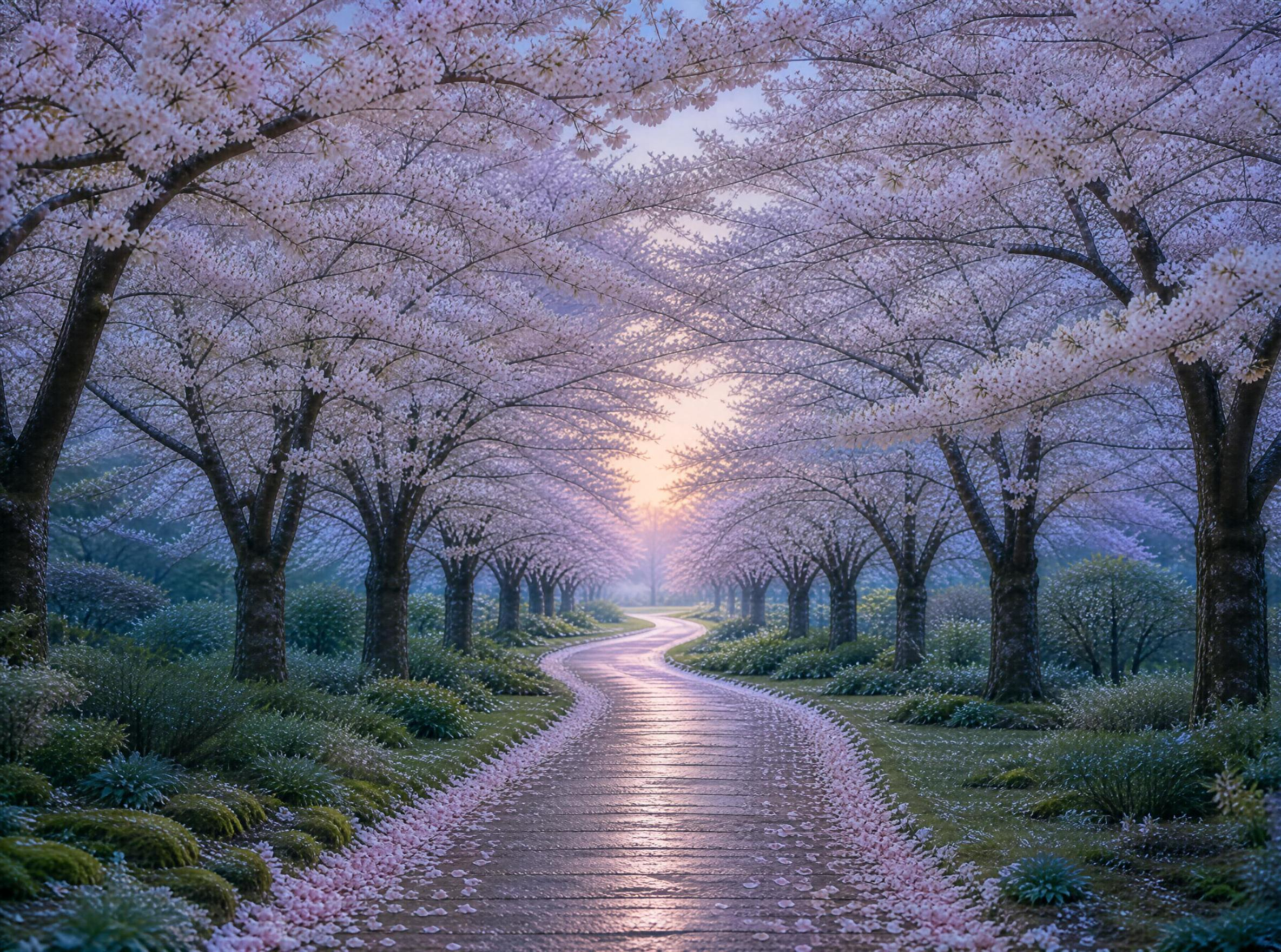 Cherry Blossom Path at Sunset