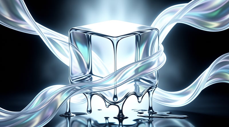 A polished chrome cube melts at its edges while pearlescent liquid ribbons spiral around it over a dark mirror-like floor.