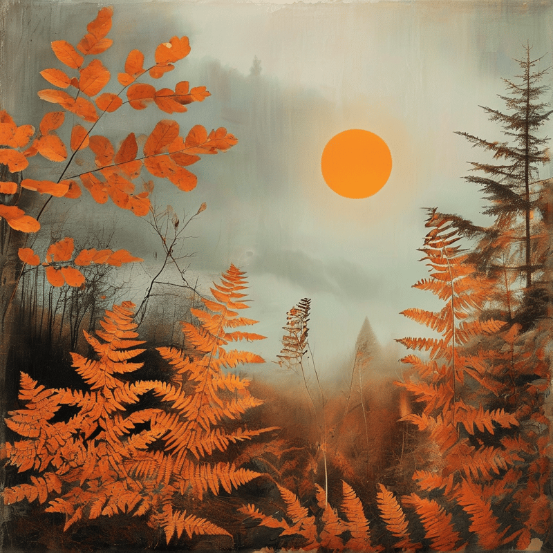 Painterly woodland scene of rust-colored ferns and leaves framing a round orange sun in mist.