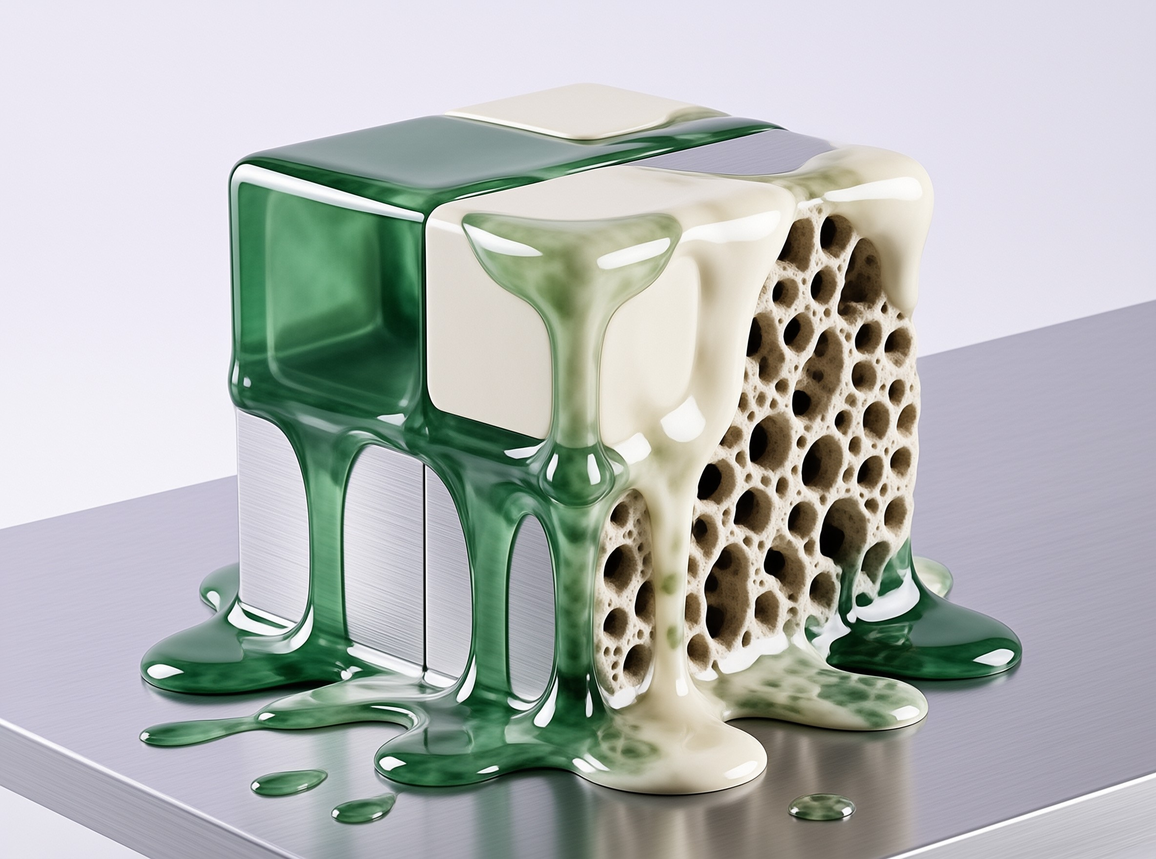 A melting cube shows green liquid and white drips over sponge textures on a brushed metal surface.