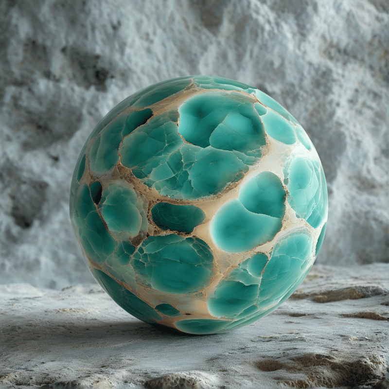 A smooth blue and tan stone sphere rests on a rough grey rock surface illuminated by soft natural light.