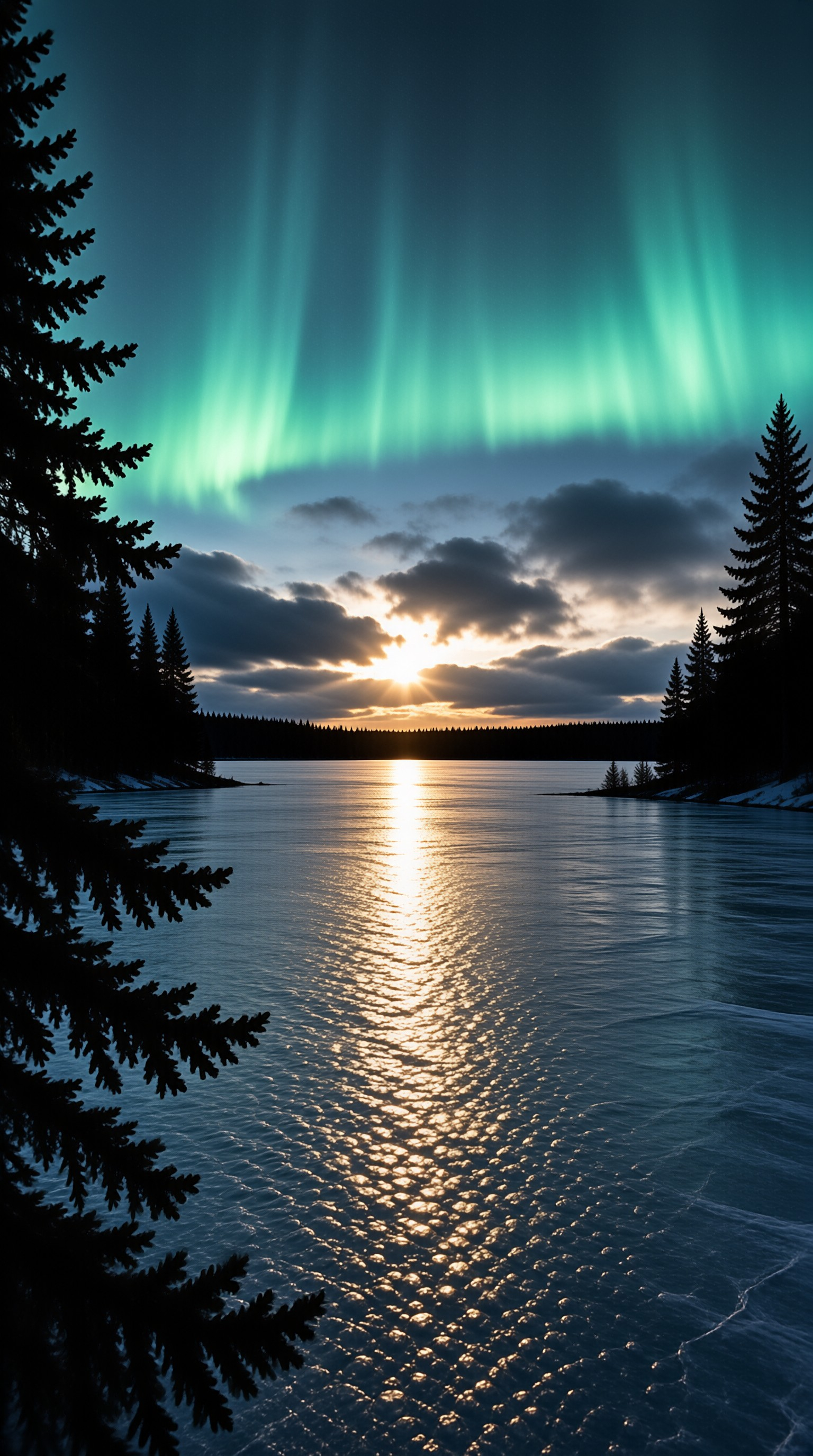Aurora and Sun Over Lake