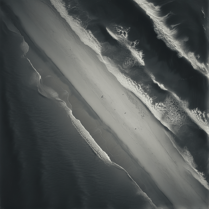 Monochromatic aerial shot of white sea foam and dark ocean swells sweeping diagonally across a smooth stretch of coastal beach