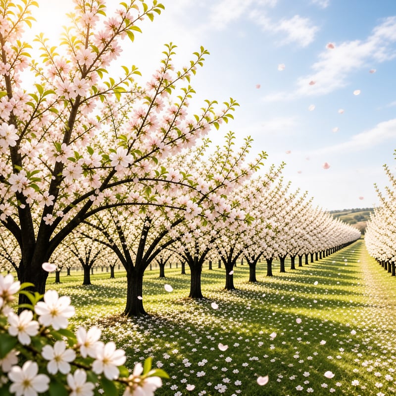 Neat rows of pink cherry trees line a grassy path bathed in bright sunlight.