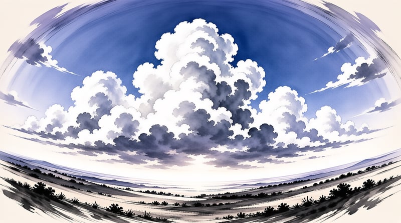A curved wide view shows voluminous white cumulus clouds in a vivid blue sky above a sparse sunlit desert landscape.
