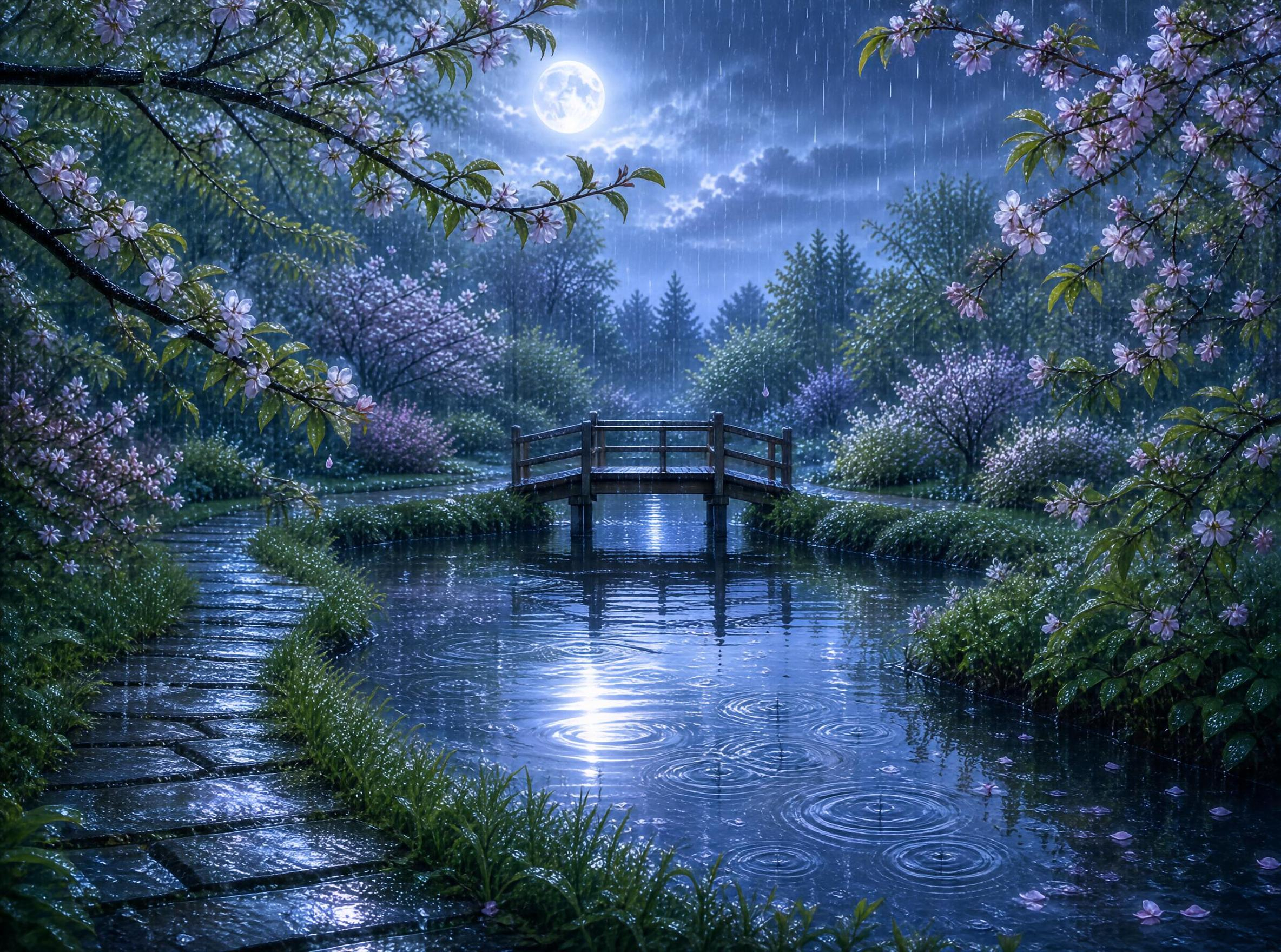Moonlit Rainy Garden Scene