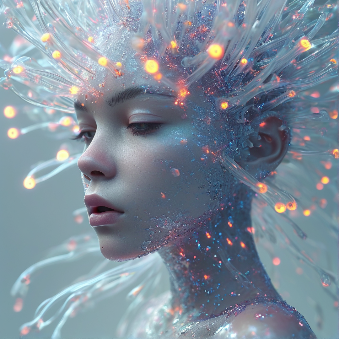 A profile of a woman whose translucent skin and hair are threaded with glowing orange and blue fibers against a muted grey backdrop
