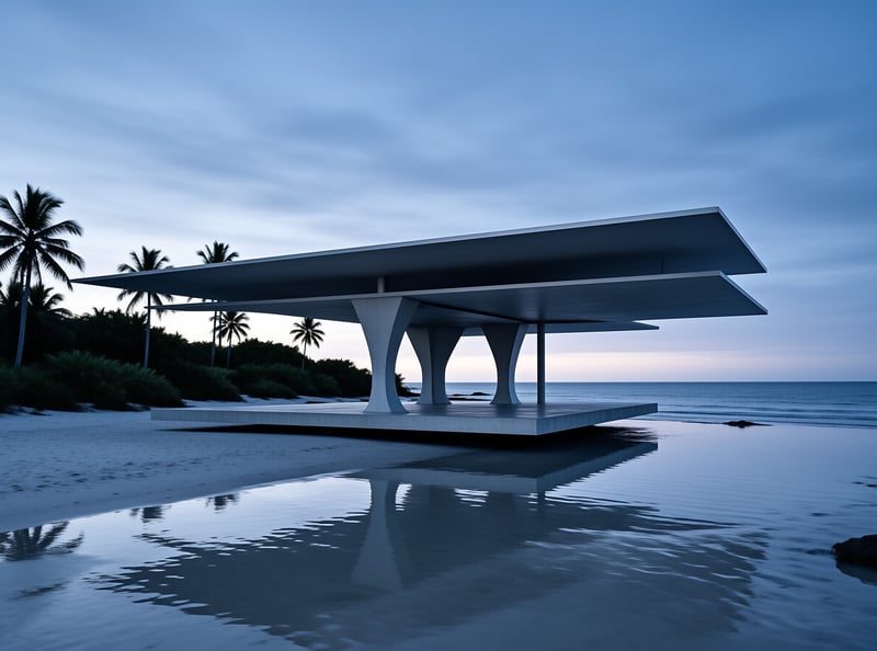 A white modern shelter with curved columns stands on a beach platform at dusk while palm trees line the horizon.