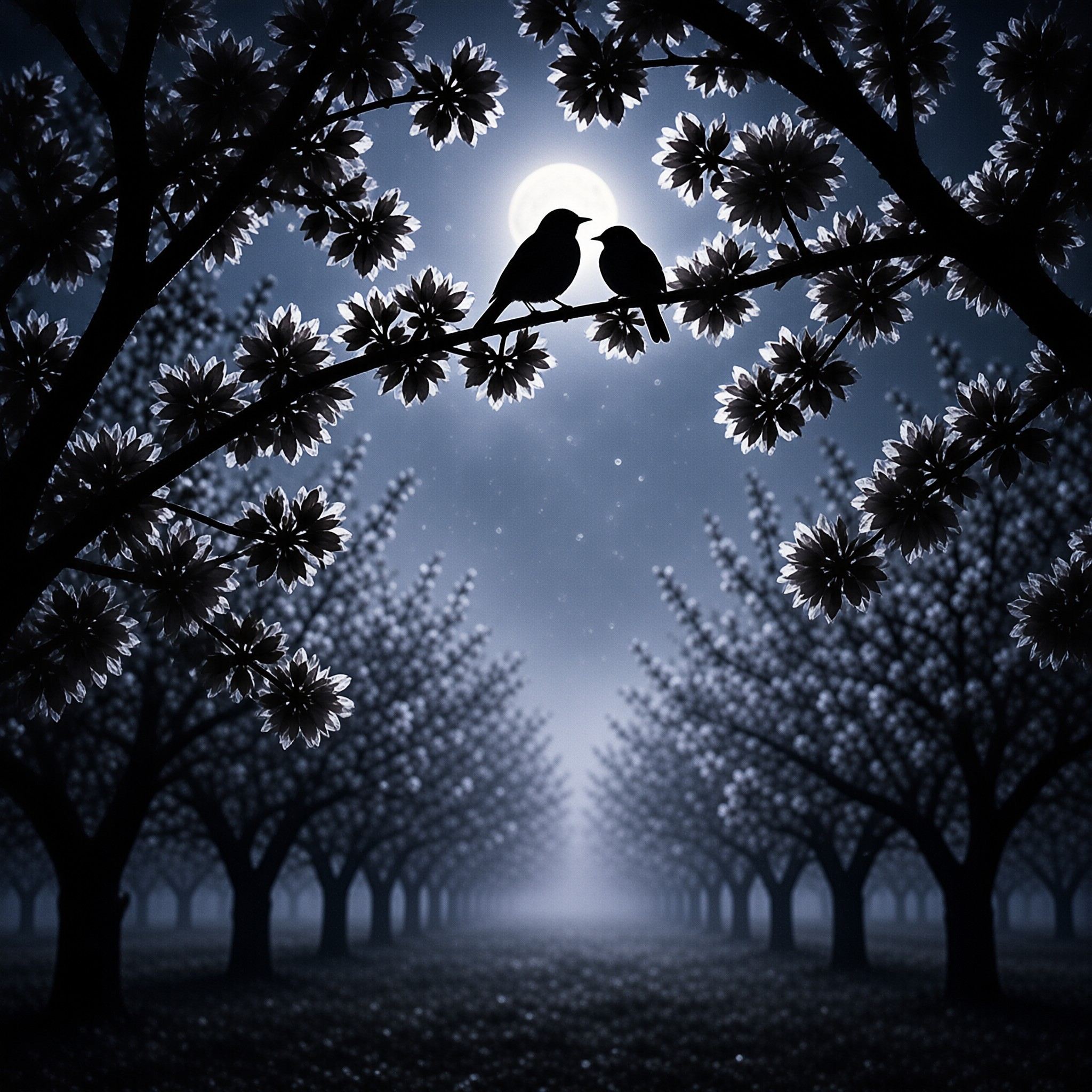 Silhouetted birds perched on a branch with a full moon shining behind rows of misty trees.