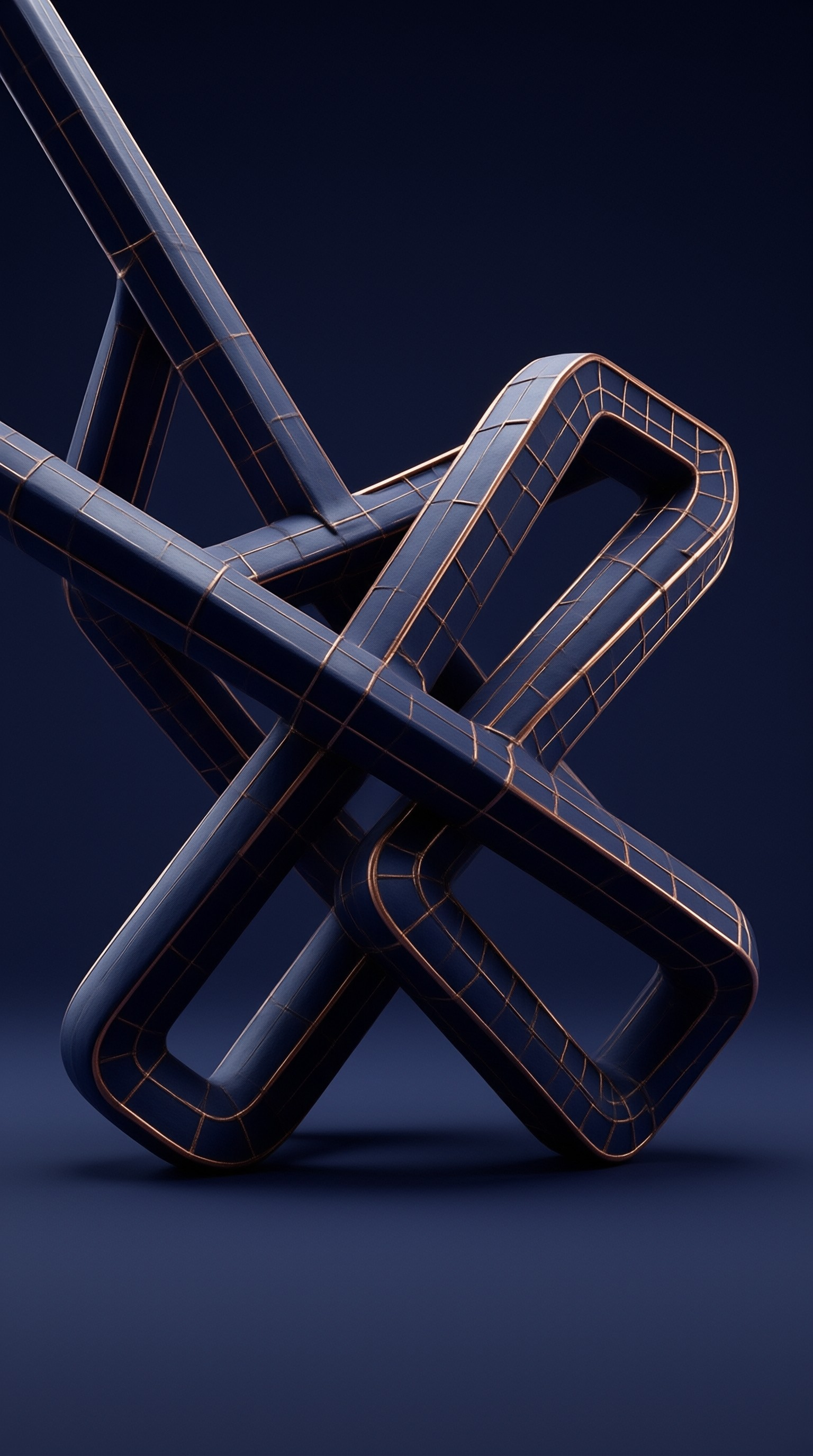 A dark blue interlocking tubular sculpture with copper grid lines set against a deep blue gradient background