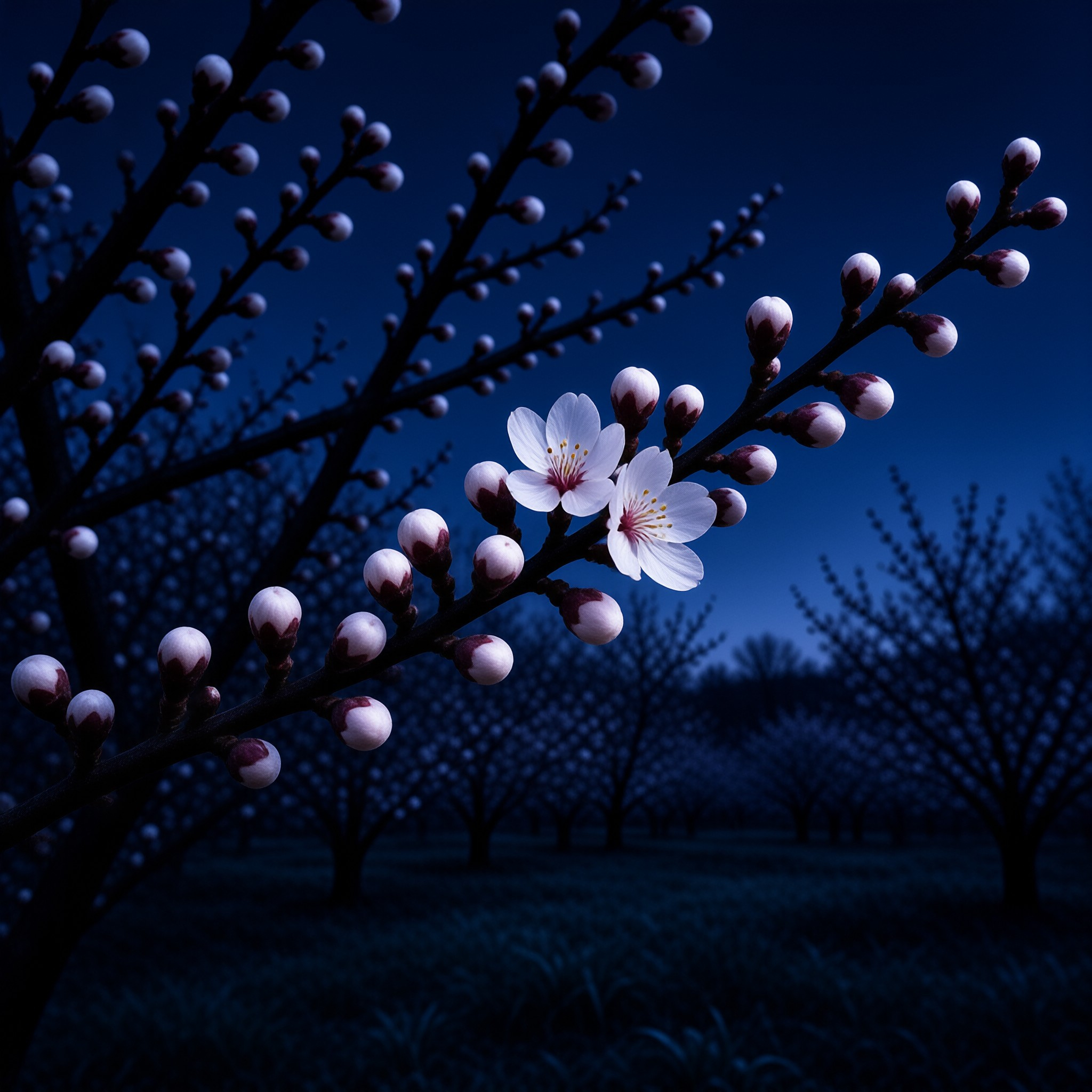 Delicate white flowers and rosy buds line a dark branch against a deep indigo evening sky.