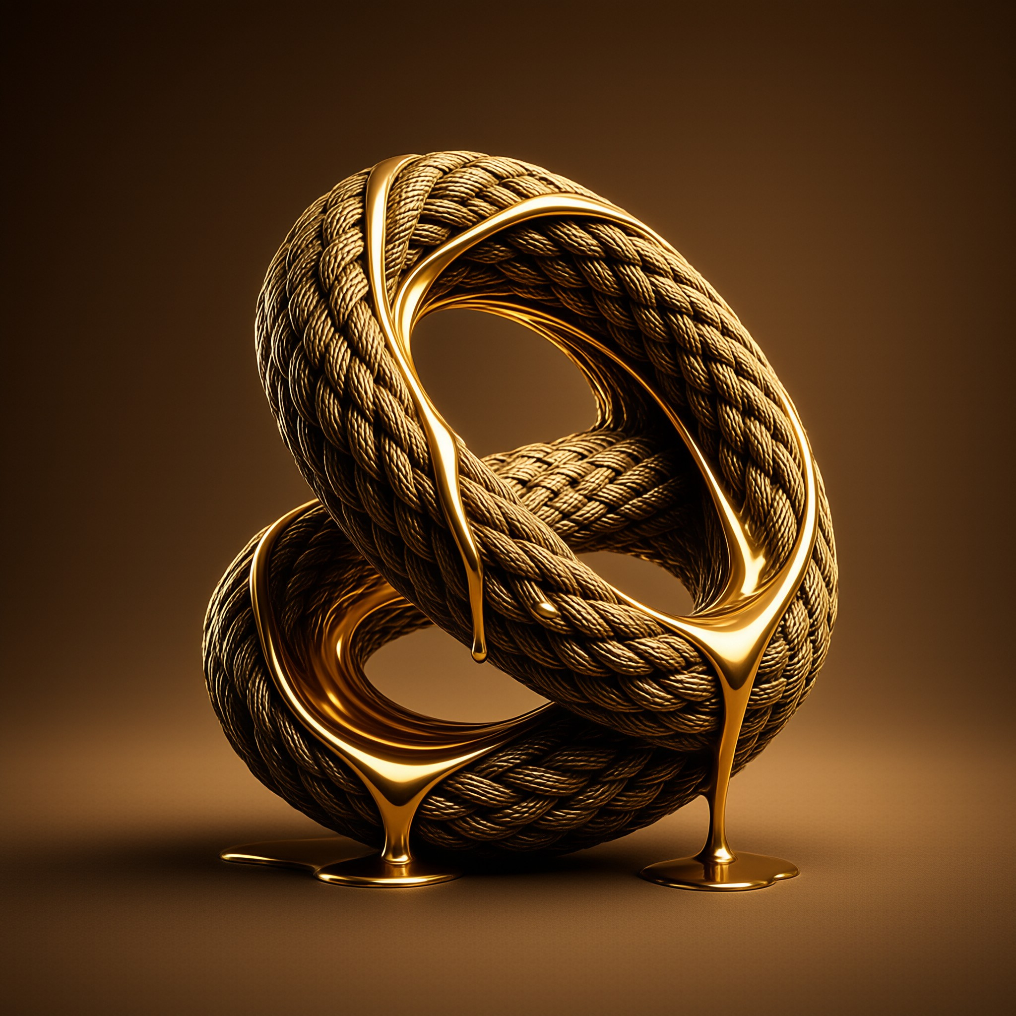 Twisted golden rope structure with flowing liquid metal highlights on dark brown surface.