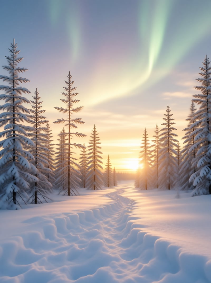 Winter Sunset Through Snowy Forest