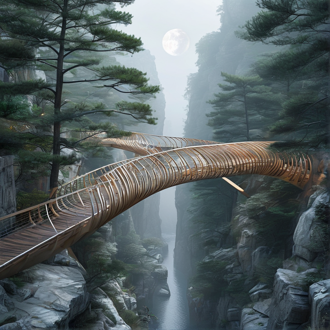Wooden Bridge in Misty Canyon