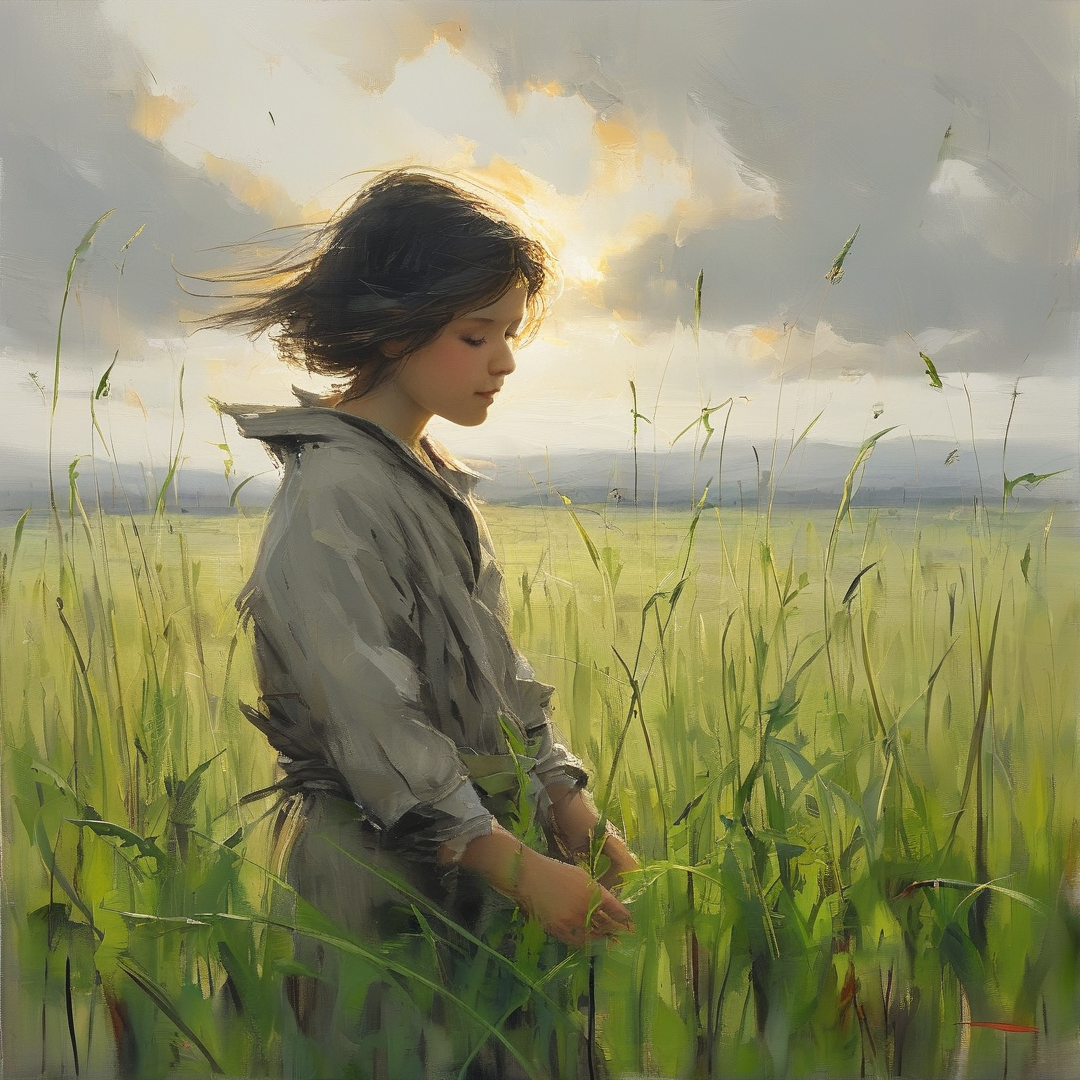 A young woman stands amid tall green grass, her hair stirred by the breeze as soft sunlight filters through scattered clouds above a distant hazy landscape.